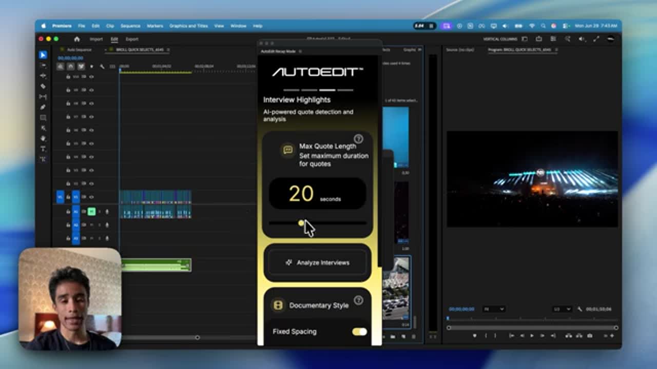 Premiere Pro timeline and AutoEdit controls shown during Music Video Mode vs Event Recap Mode breakdown