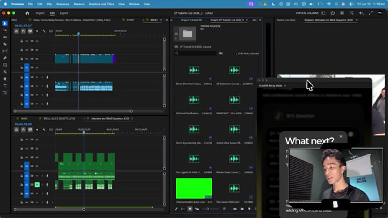 Premiere Pro timeline and AutoEdit controls shown during Event Recap Mode tutorial