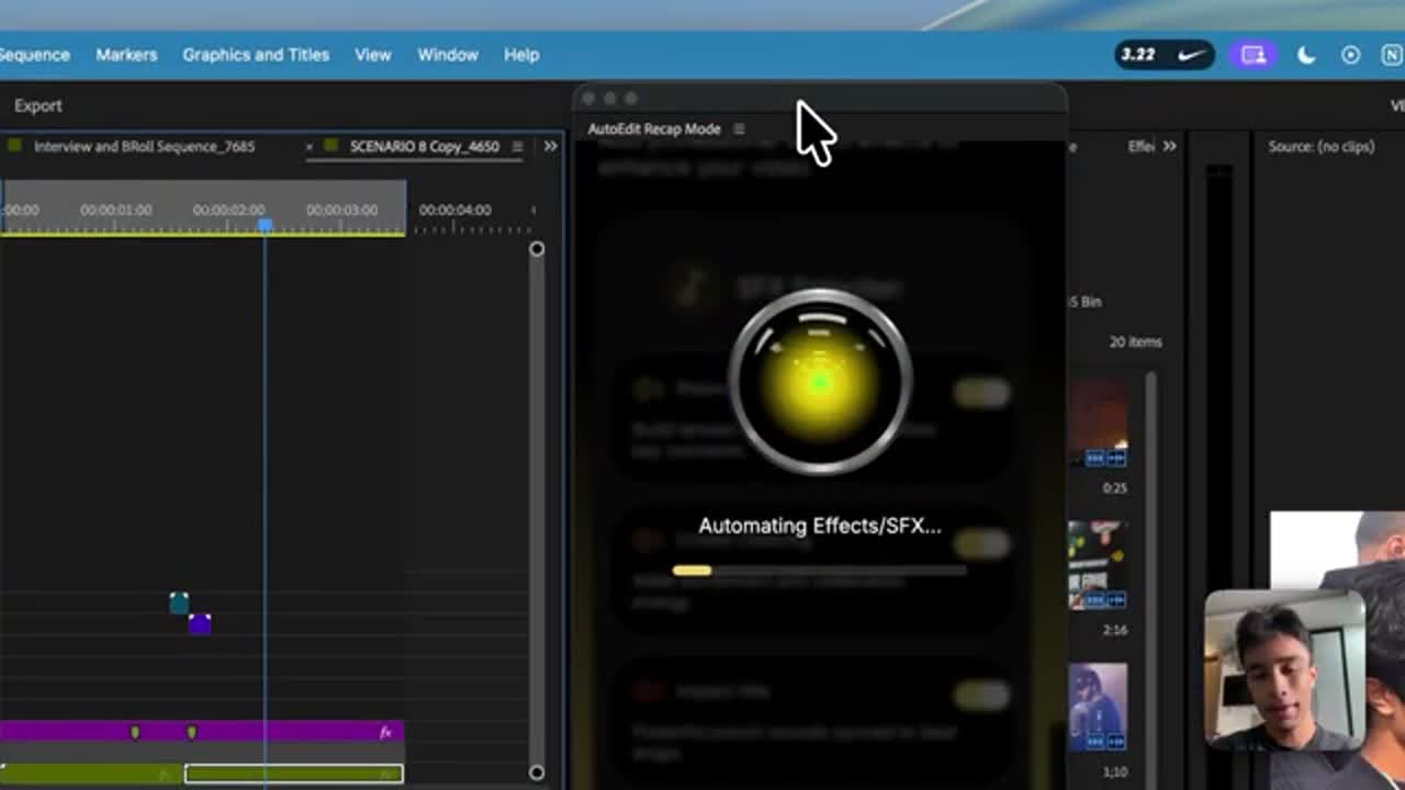 Premiere Pro timeline and AutoEdit controls shown during Three AI plugins for Premiere Pro