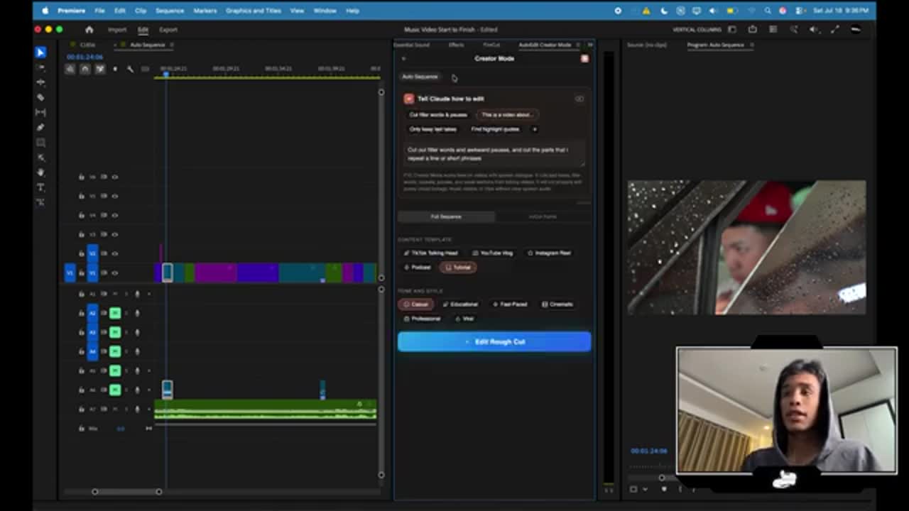 Premiere Pro timeline and AutoEdit controls shown during Full Music Video Mode tutorial